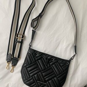 Michael Kors Black Quilted Crossbody Bag with Striped Strap